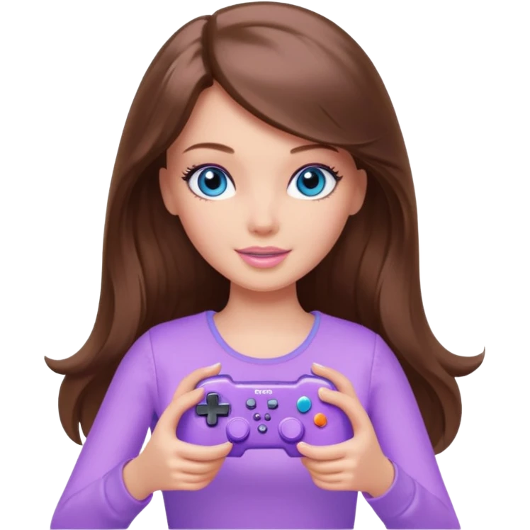 beautiful barbie girl with long brown hair, blue eyes and wearing light purple clothes playing console games with controller emoji