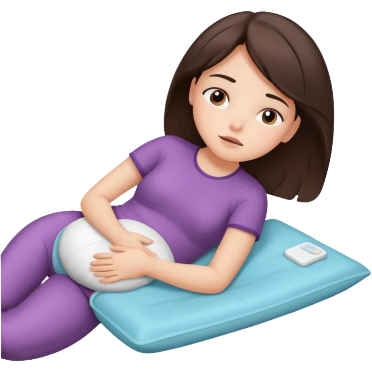  a brunette girl lying down on her side, holding a warm heating pad against her lower belly. She's uncomfortable and sad, her posture should show she’s having menstrual cramps. Use simple lines, rounded shapes, soft colors, and a clean emoji aesthetic. Make it expressive but still adorable emoji
