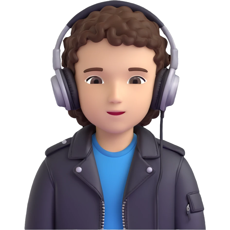 curly haired boy wearing a leather jacket and headphones music producer emoji