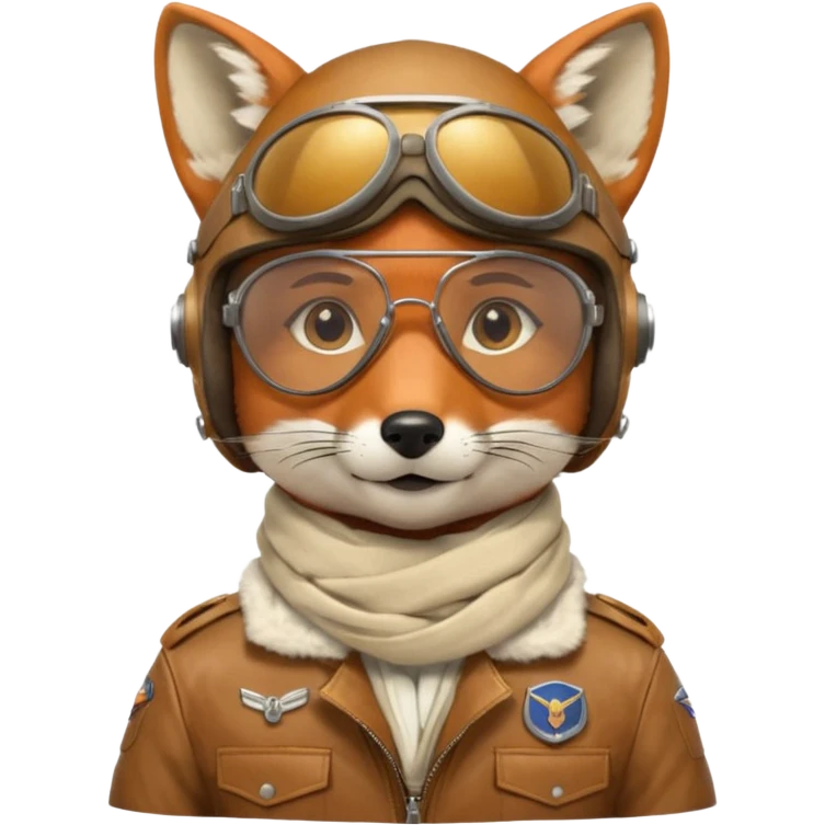 renard aviateur, casque en cuir, écharpe blanche, lunettes "climax" sur le casque au dessus des yeux, blouson aviateur emoji