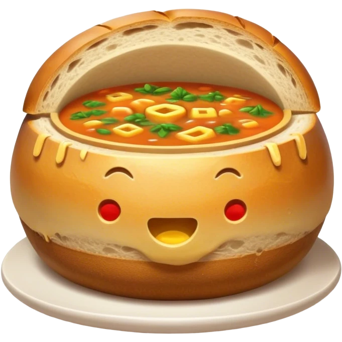 Żurek Cinematic Realistic Żurek Soup Dish Emoji, depicted as a tangy rye soup served inside a hollowed-out round loaf of bread, rendered with rich textures and dynamic, comforting lighting. emoji