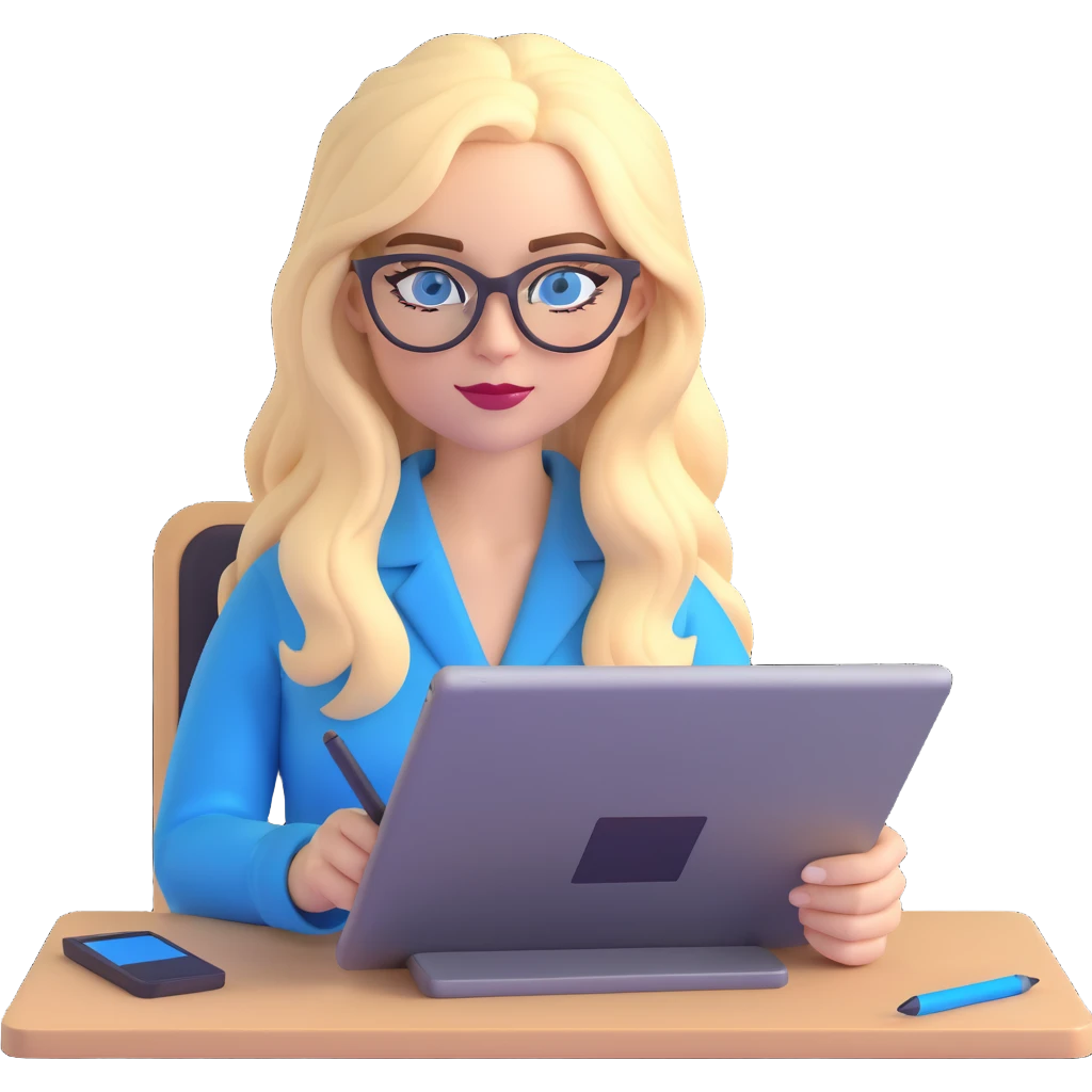 a blonde woman with long hair and blue eyes wearing black cat-eye glasses, working on a graphic tablet emoji