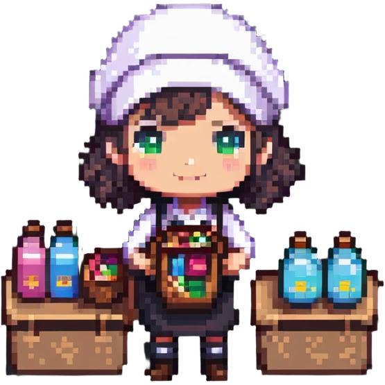 chibi shopkeeper character with items emoji