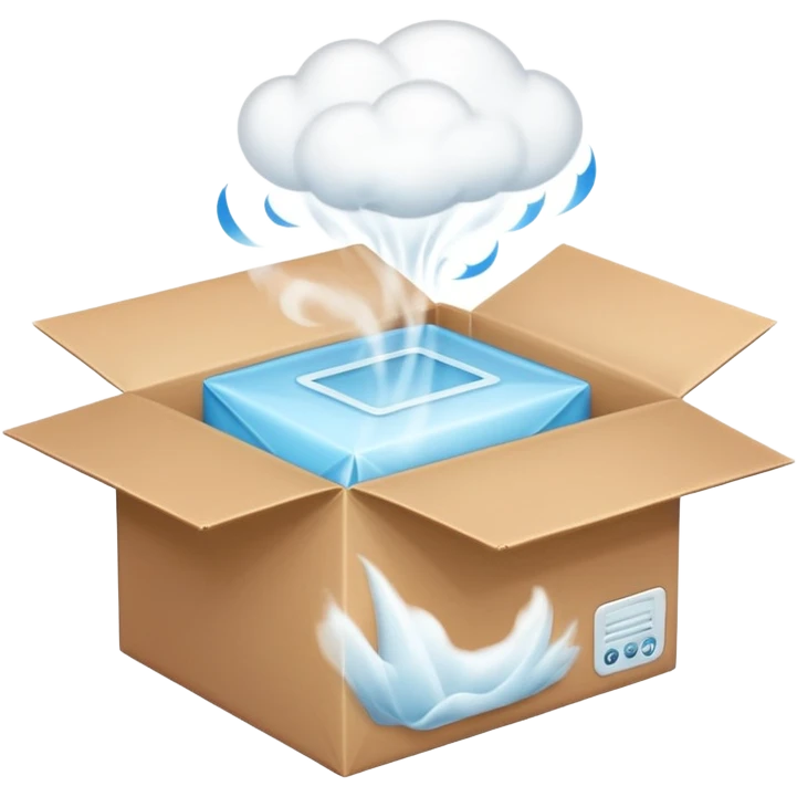 Generate a realistic emoji-style icon of the an open package which is empty and air is coming out of it. Out of the package steam or air is coming out of it  emoji