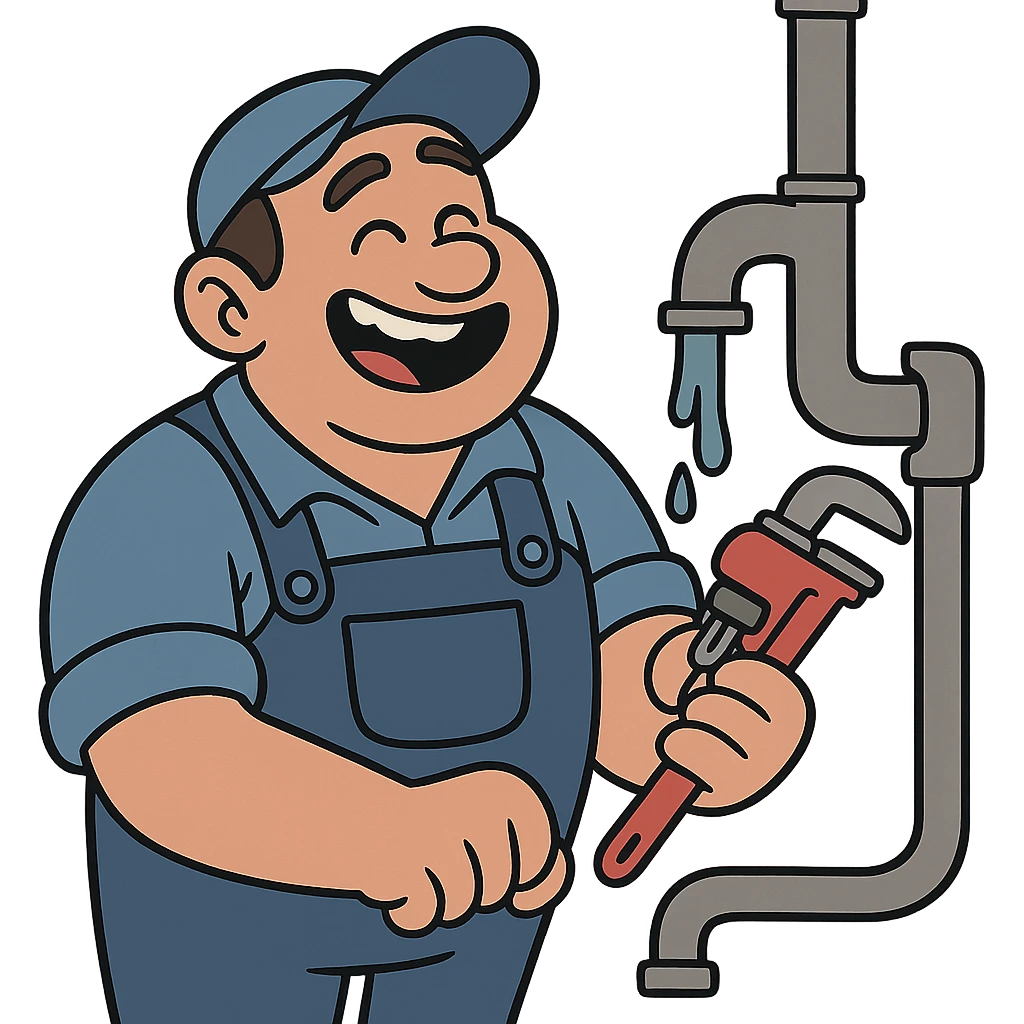 a plumber, wearing a cap, fixing a pipe, cheerful, minimal background emoji