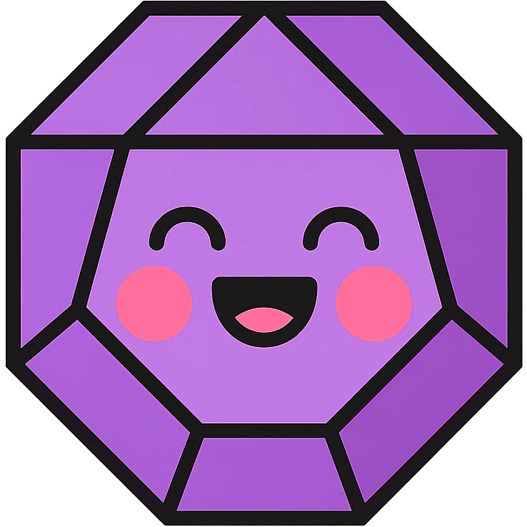 faceted purple jewel with a humorous face, cheerful and whimsical emoji