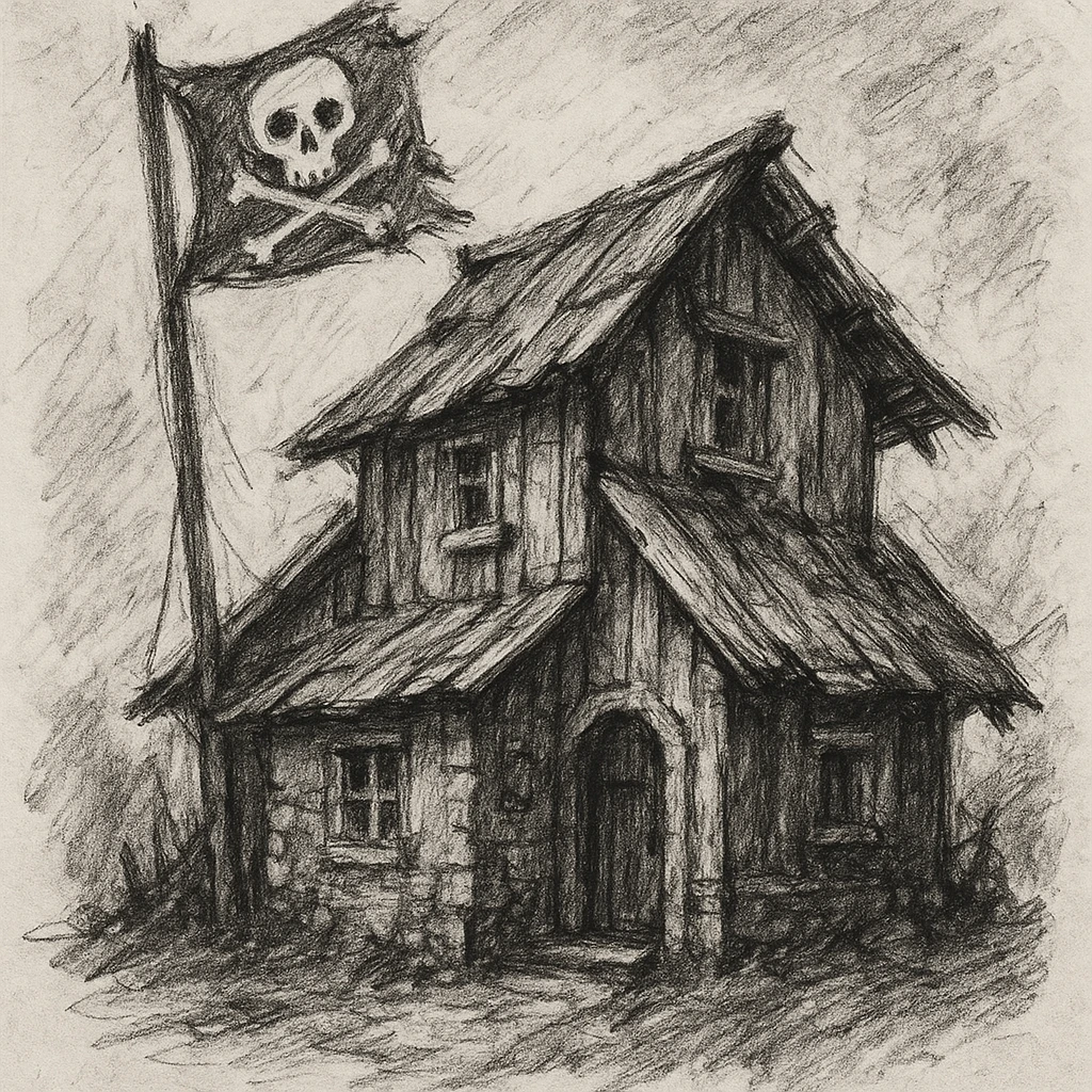 old pirate's house with skull flag emoji