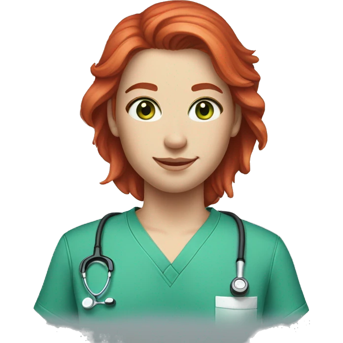 white skin bright red hair green eyes blue scrubs emoji