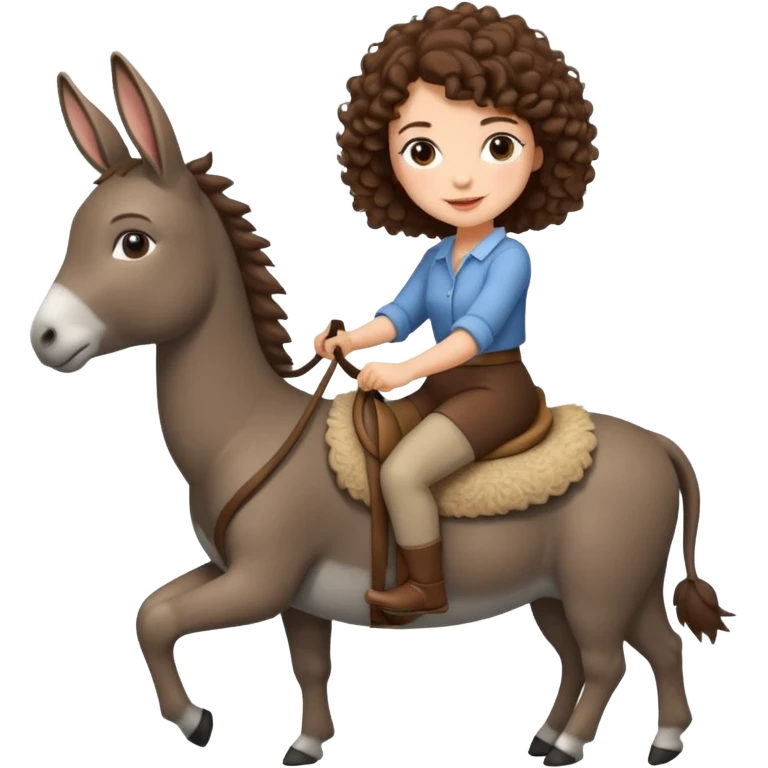 cute woman short tight curly brown hair riding an gentle donkey emoji