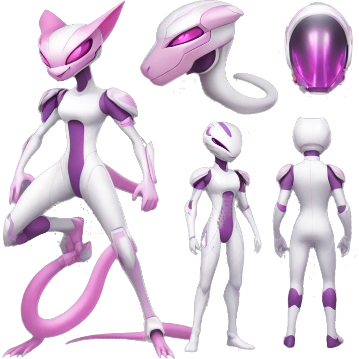 White body, Anthro-Sona-Lizard-Alien-Salazzle-Mew-Mewtwo-Fakémon, with pink eyes, with a futuristic visor-helmet, wearing a techwear-suit, Full Body emoji