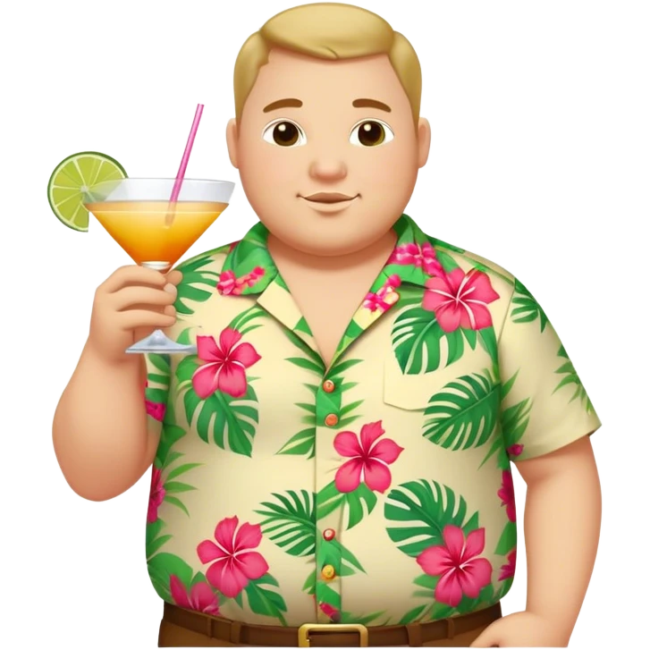 chubby guy full figure in a flowered hawai shirt holding a cocktail emoji