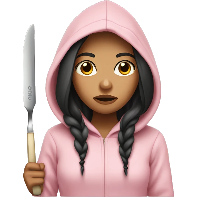 Girl with long dark hair in a light pink hoodie with a serious face holding a butter knife emoji