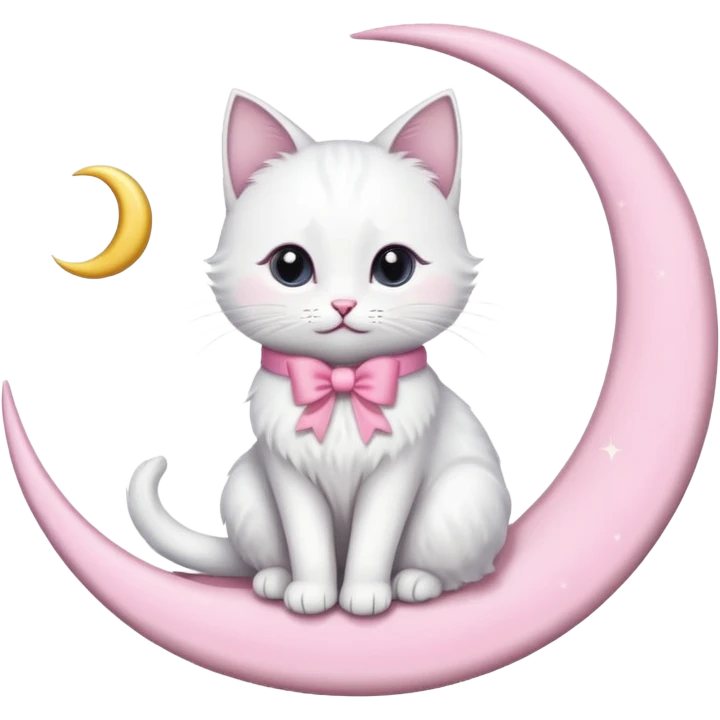white cat with pink bow sitting on crescent moon emoji