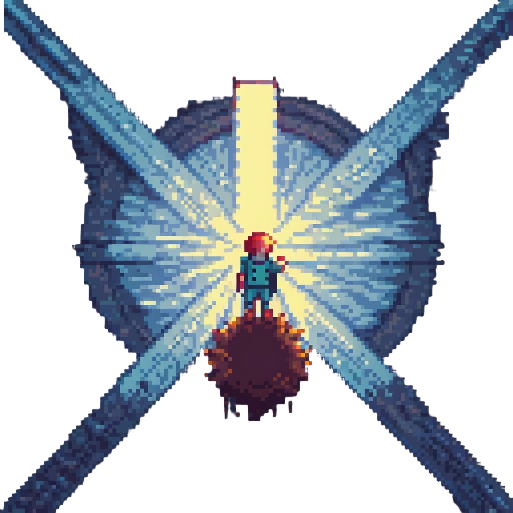a person floating upwards in a beam of light, pixel art style emoji