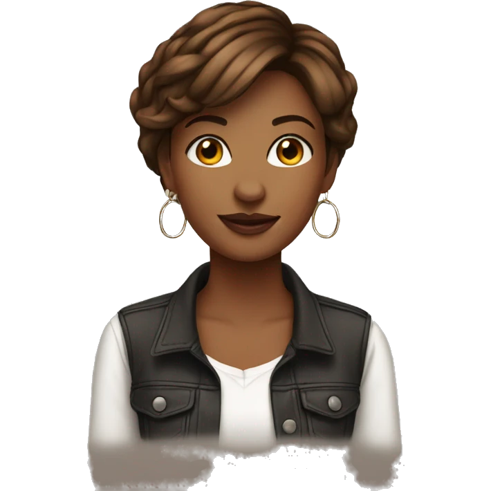 Girl, graphic designer, brown short hair. Hoop earrings emoji