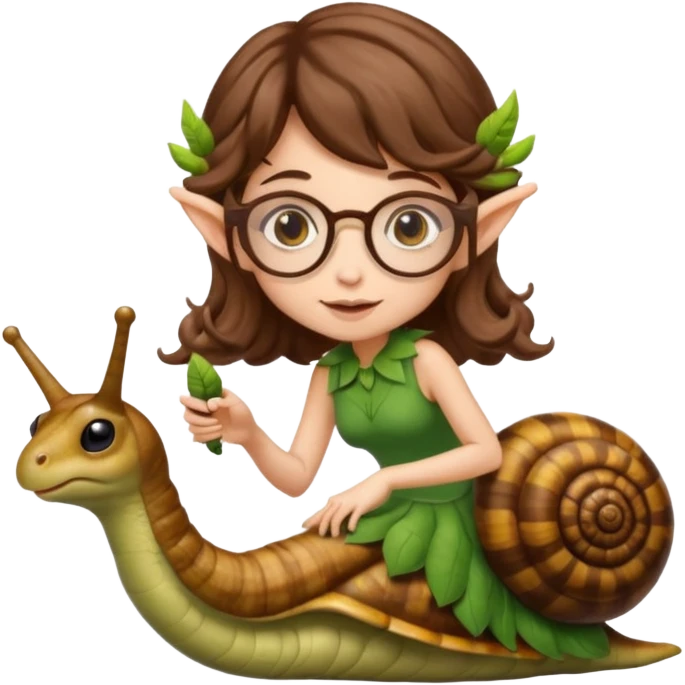tiny forest elf woman brown wavy hair glasses riding a snail emoji