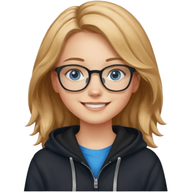 мила дівчинка з пшеничним та трохи хвилястим волоссям до грудей з голубими очами та в окулярах в чорному худі посміхається emoji