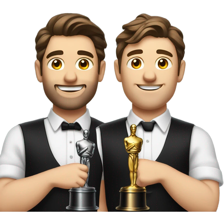 Two bar tenders Dressed in white shirts, black weats, black aprons and black ties receive an oscar. They are males with brown hair. emoji