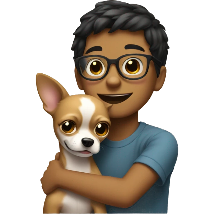 Boy with glasses hugging chihuahua emoji