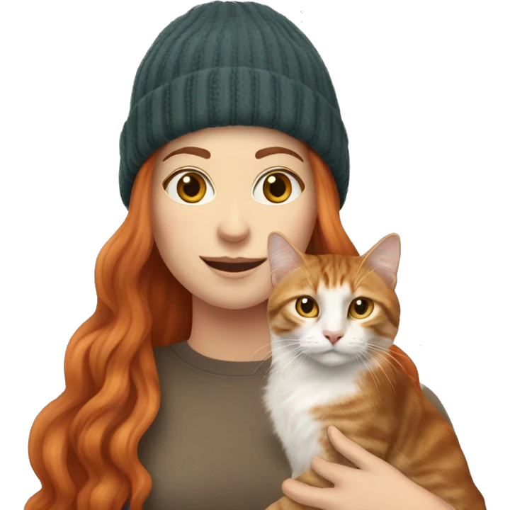 Long Red haired white woman in beanie with holding a long haired tabby cat emoji