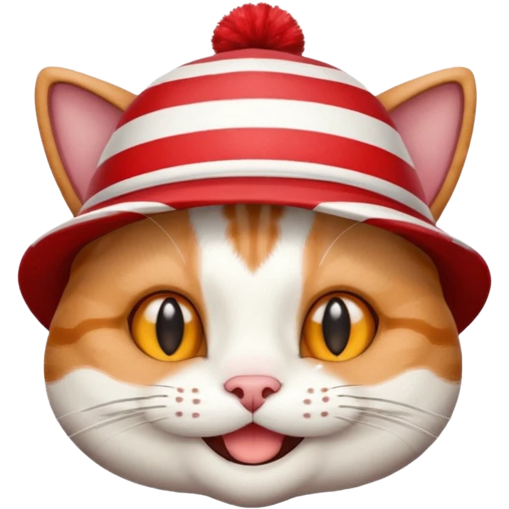 cat with a big red and white striped hat, smiling emoji