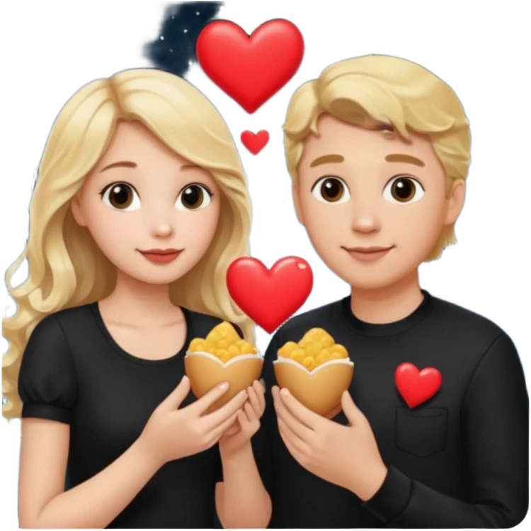 Couple with blonde hair wearing black eating chick filet hearts and outer space in the background. The girl has long wavy hair . emoji