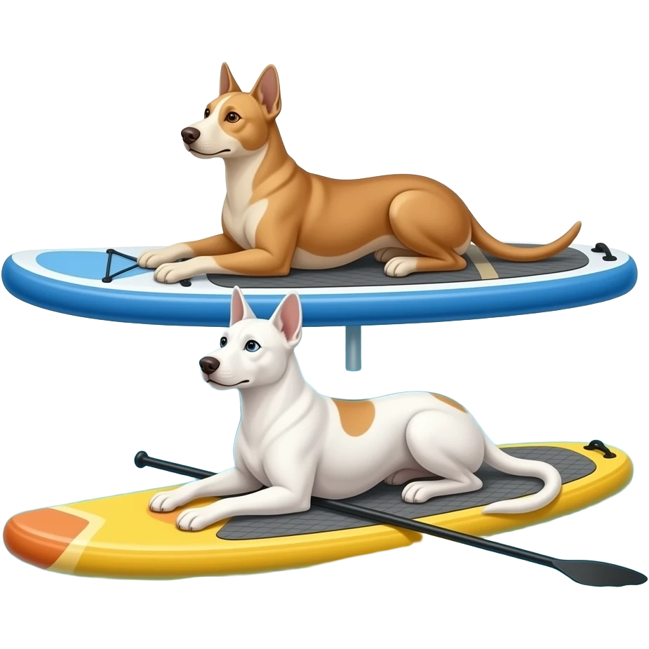 White-coffee coloured Podenco joung adult lying down sphinx like on sup in front front of real paddling paddler on the same sup-board in real peoportions on sea emoji