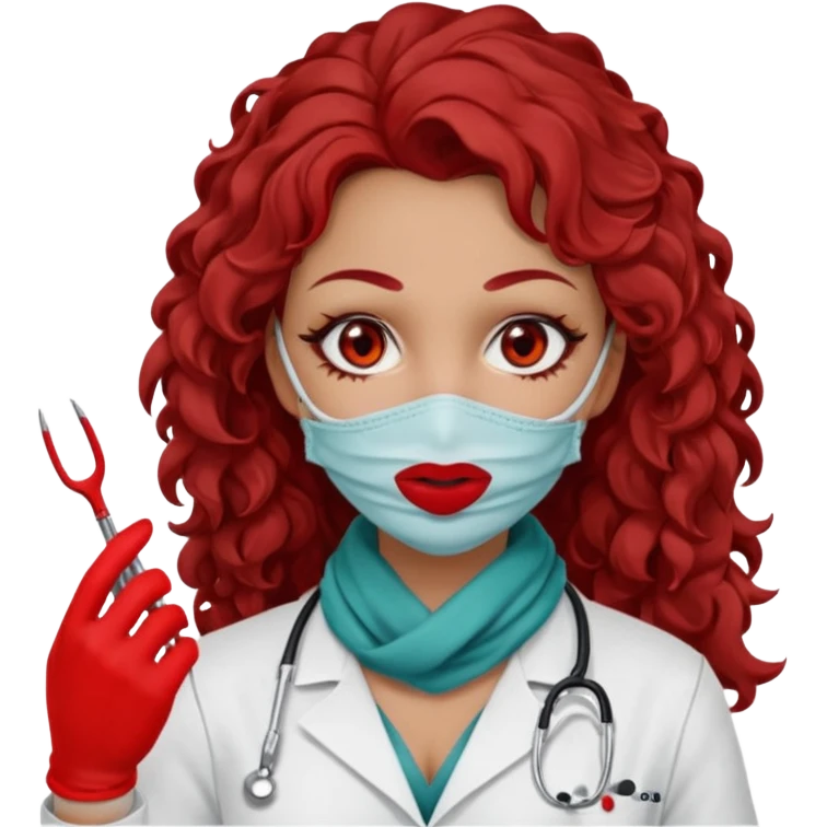 Lilith scalpel in hand, evil surgeon sexy surgeon clothes.  She has red eyes.  Hair is long. Hair is brown and curly hair. Wears sexy doctor outfit with red gloves. Sexy surgeon working for Cartel uses scarf to Cover mouth and emoji