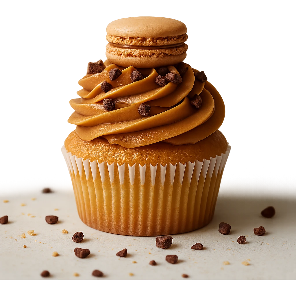 Change the icing to caramel, keep the realistic cupcake and accessories, photorealistic style, transparent background. emoji