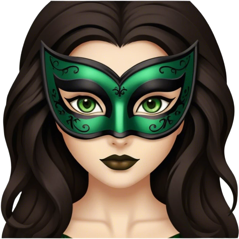 Greeneyed Woman hair with Long Dark brown hair wearing Black venetian mask emoji
