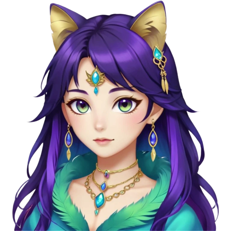 Beautiful gorgeous anime lady with beautiful dark-brown-special-hair, fashion aesthetic, ethereal, violet feather, accessories, gold jewelries, gold, colorful, feline ears, colorful hazel-green-blue-gradient eyes emoji