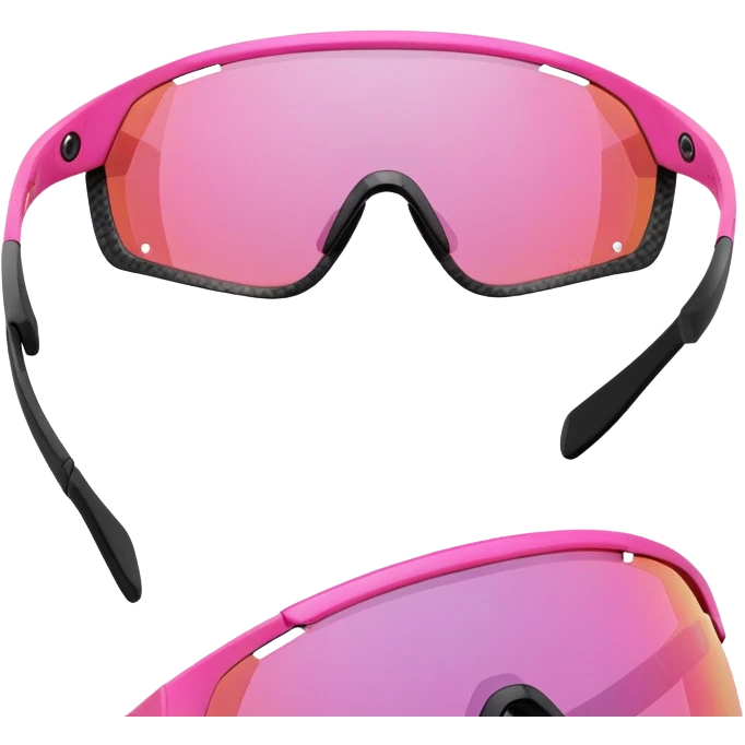 sporty pink shield visor sunglasses with thick frame with carbon fiber appearance, lightweight yet chunky design, substantial build, one-piece lens with hydrophobic coating emoji