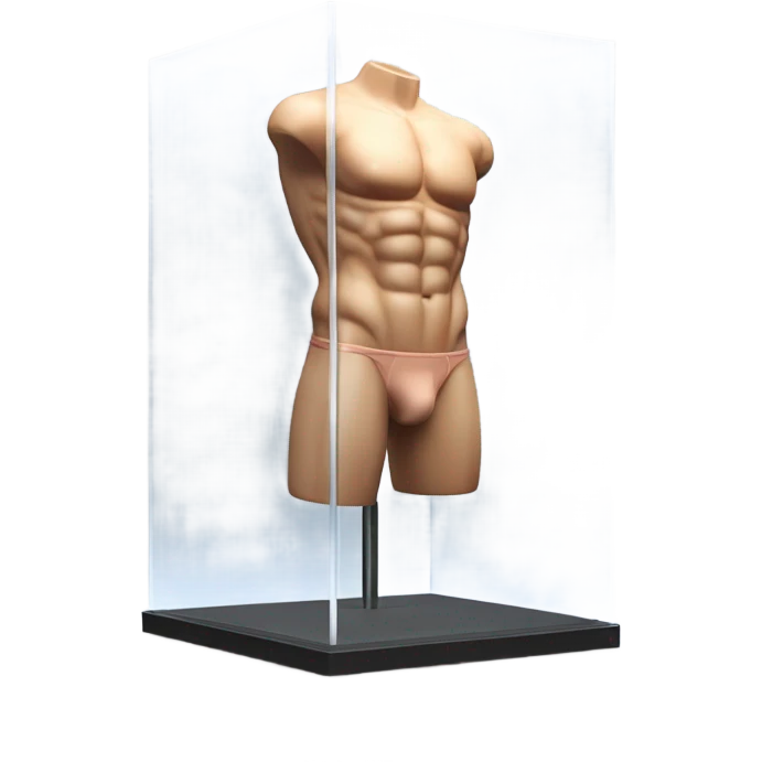 male mannequin abs cubes inside a glass cube on a stand isometric view emoji