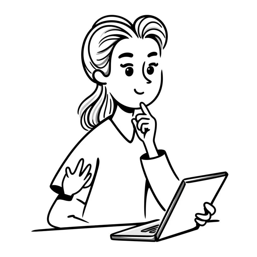 A thoughtful blonde physical therapist with finger on chin, wearing scrubs, looking contemplative while analyzing patient data emoji