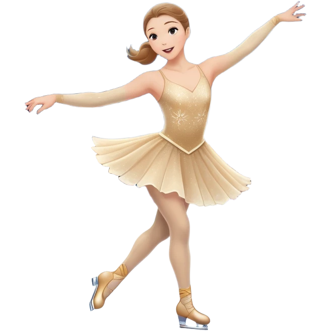 An icon showing a graceful figure skater mid-spin on a sparkling ice rink, wearing an elegant costume. The background features festive arena lights, snowflakes, and cheering spectators. Transparent background captures the beauty, artistry, and elegance of figure skating. emoji