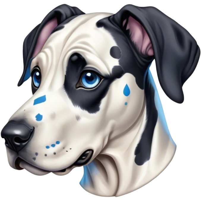 Cinematic Cute Harlequin Great Dane Portrait Emoji, Head tilted playfully and inquisitively, featuring a glossy coat of predominantly white with dynamic black patches, round, sparkling blue eyes filled with gentle curiosity, Simplified yet irresistibly adorable features, highly detailed, glowing with a warm, friendly glow, high shine, affectionate and gentle, stylized with a touch of whimsy, bright and endearing, soft glowing outline, capturing the essence of a mischievous yet loving pup, so playful it feels like it could lumber out of the screen and into your arms! emoji