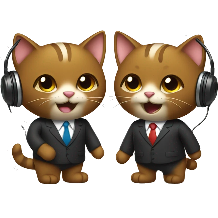 Two brown happy cats, shaking hands in suits with headphones on.   emoji