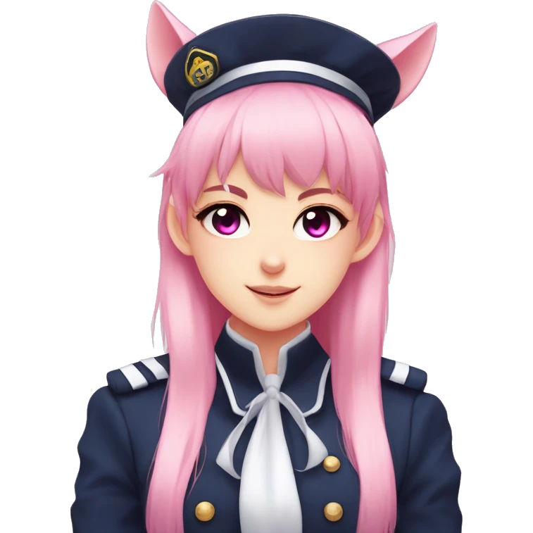 Anime girl, pink eyes, navy uniform, pink pony tail with bangs to the side, pink ghost cat on top of her hat, black choker, elf ears with pier emoji