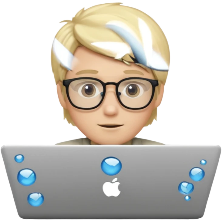 Blonde boy using laptop wearing clear glasses emoji