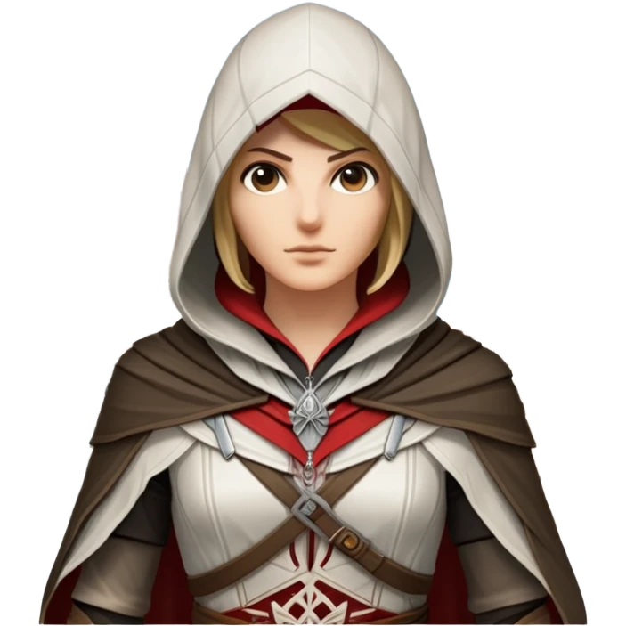 icon featuring Assasin's Creed in an iconic assassin's hood, standing tall. Florence is on background. The design captures the essence of adventure, with intricate details of historical architecture and a sense of mystery. The character is poised, ready for action. transparent background. emoji