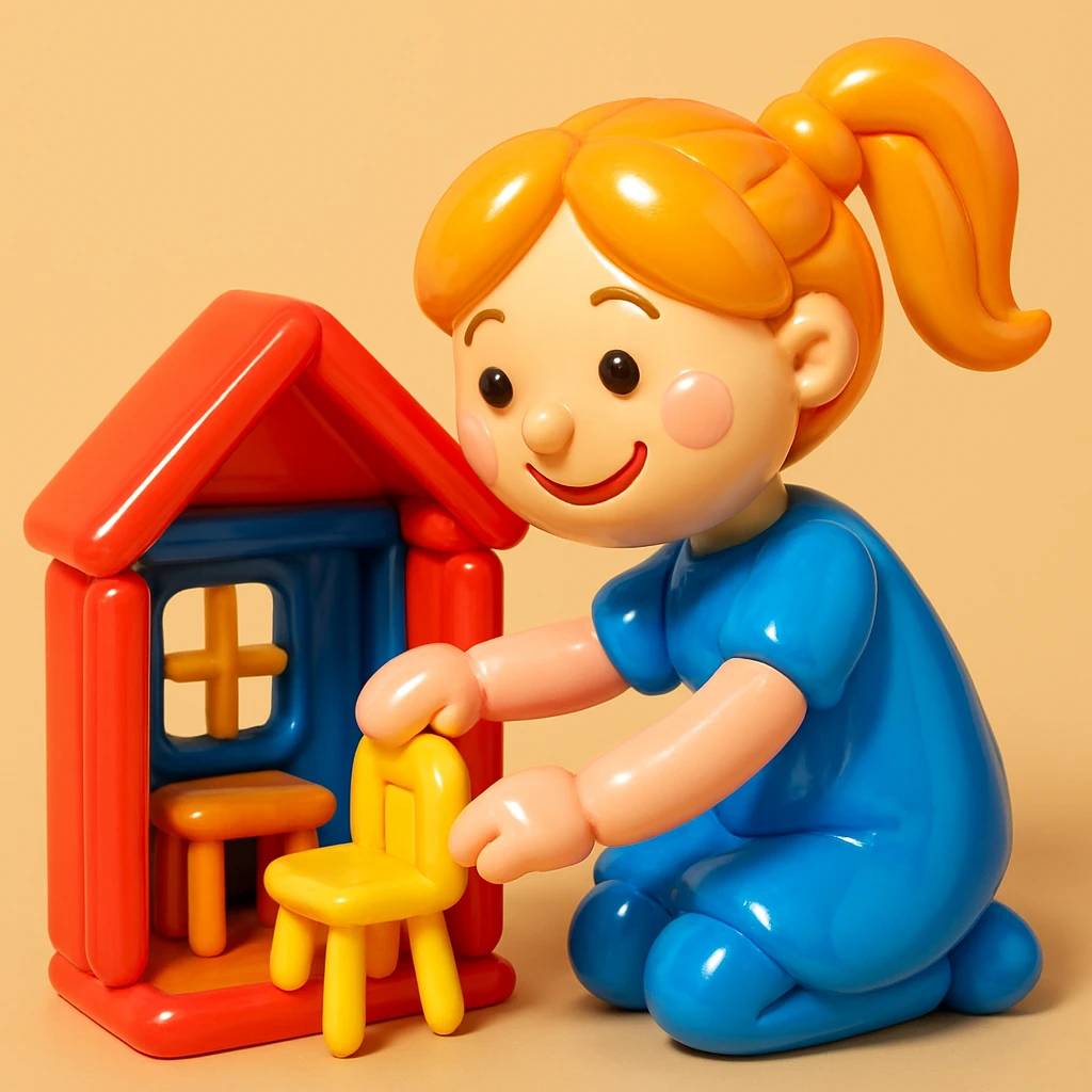 smiling girl arranging furniture in doll house emoji