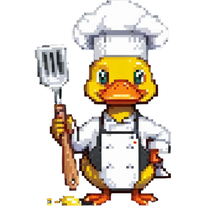 an interesting duck holding a spatula and wearing a chef's hat, thinking about what to eat today emoji