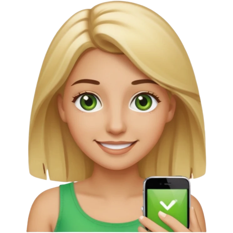 smiling young woman with blonde hair, green eyes, brown eyebrows, summer tan, iPhone emoji style emoji