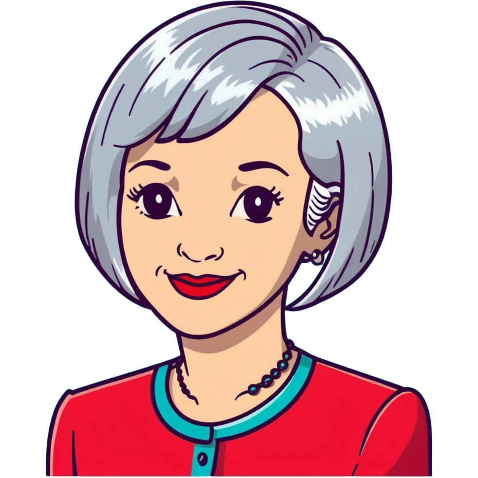 Elegant older woman with silver-gray bob haircut, light skin, almond eyes, red lipstick, red blouse, sophisticated warm smile emoji