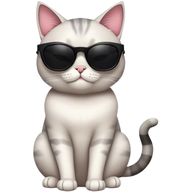 A cool, cartoon-style cat wearing oversized black sunglasses, sitting confidently with a relaxed expression. The cat has smooth fur, a small smirk, and a playful yet stylish posture. Flat, modern illustration, minimal shading, digital art, white background, iOS emoji aesthetic. emoji