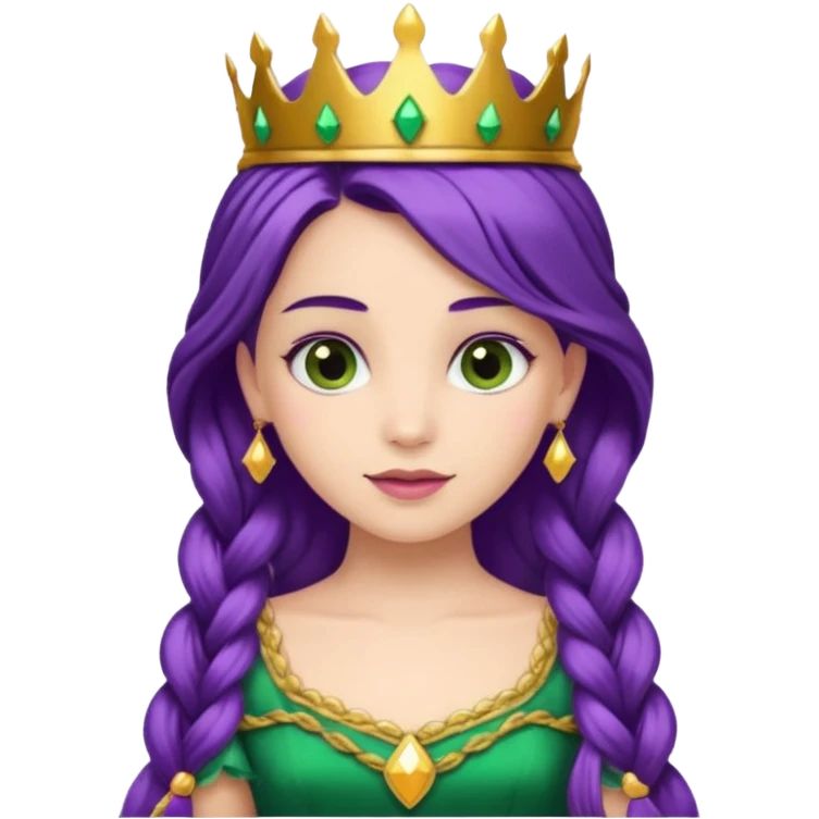 Princesses, with Gold Crown on purple braid hair, with green dress emoji