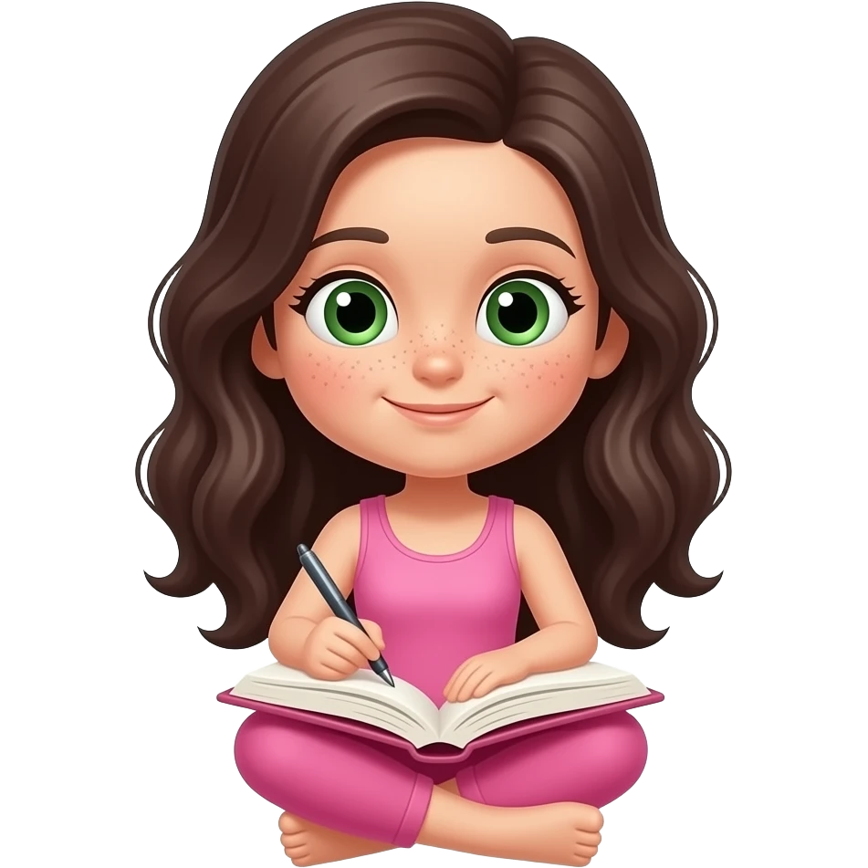 young girl in the style of iphone emoji people, fair skin, green eyes, freckles,long dark brown wavy hair, pink tank top and pink leggings, is writing a book emoji