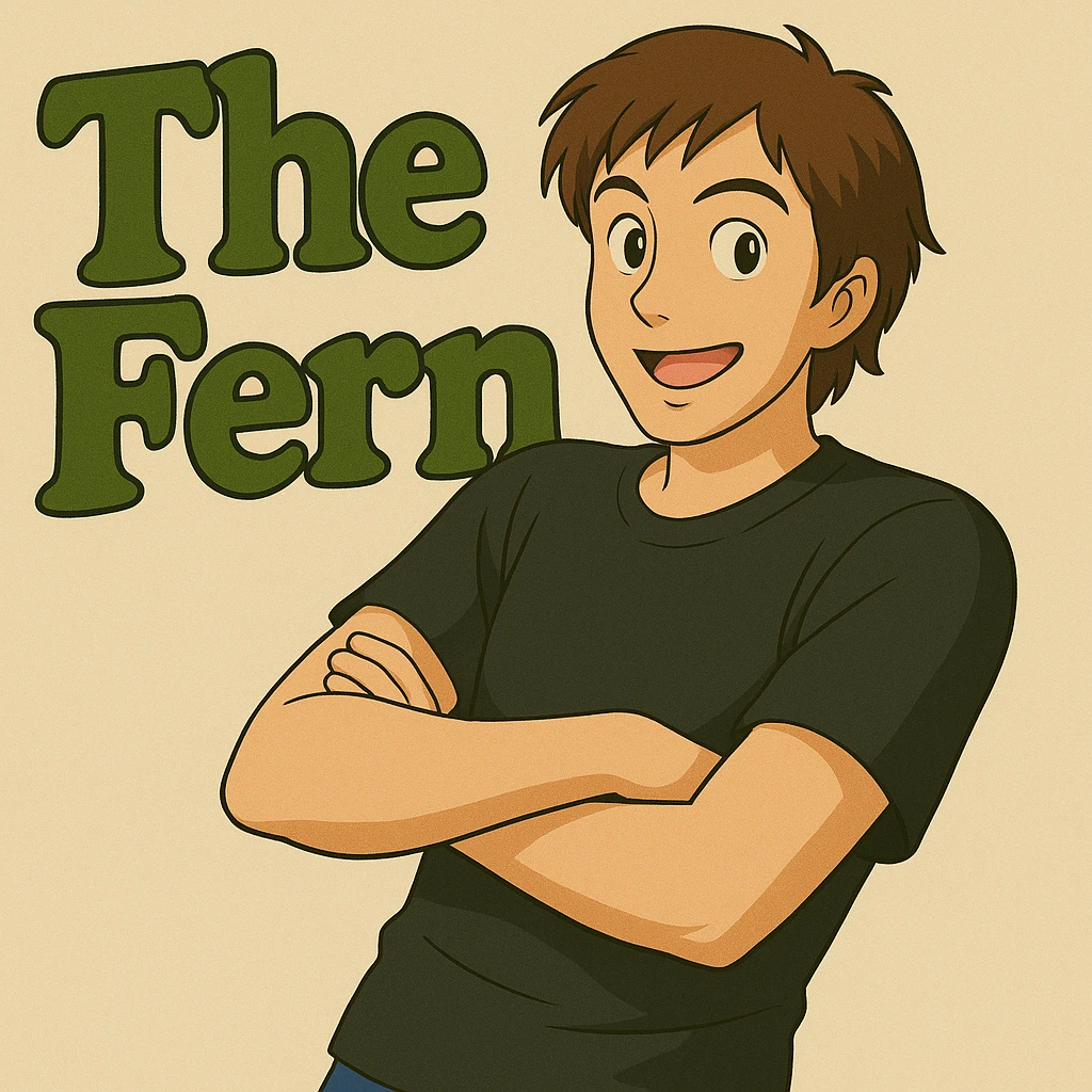 Make the brunette anime man look 20 years old with youthful facial features, still leaning to the side with arms crossed, in front of green bubble letters that say 'The Fern'. He should have a black t-shirt, no jacket, medium-length brown hair, and an expressive anime face. Keep the playful, bold vibe in Ghibli style. emoji