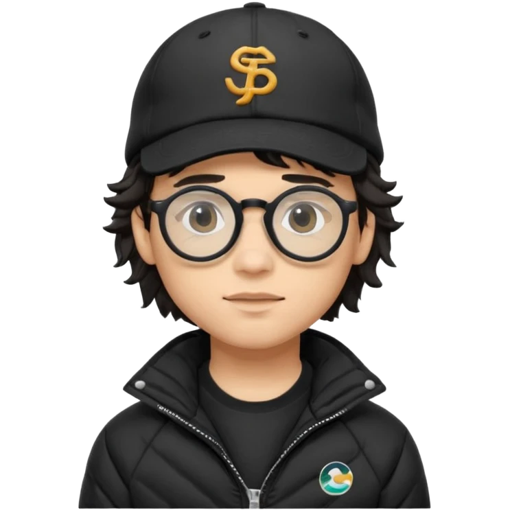 Young man wearing a black puffer jacket, black baseball cap with a small logo, round black glasses, wavy hair peeking out from under the  emoji