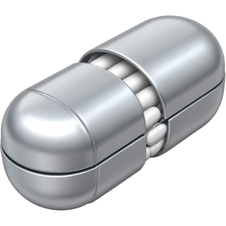 capsule pill emoji, metallic silver halves, smooth glossy finish, futuristic pharmaceutical 3D icon, isolated on white emoji
